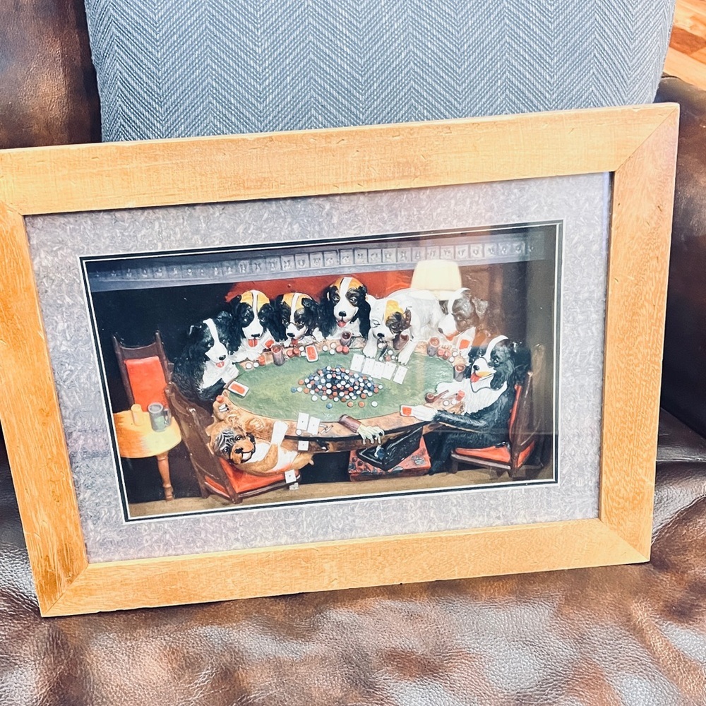 Two Dog Poker Pictures in Rustic Wooden shadow box Frames. New. 18x13